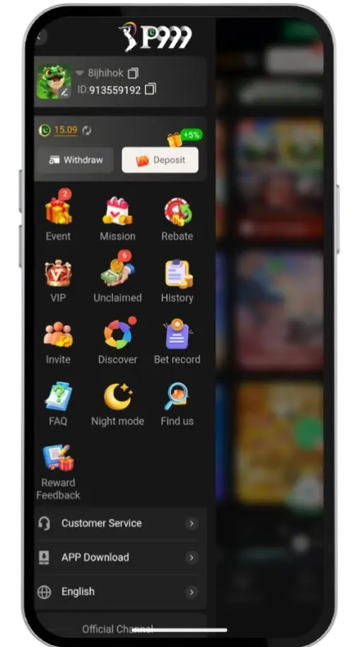 The image shows P999 game menu interface