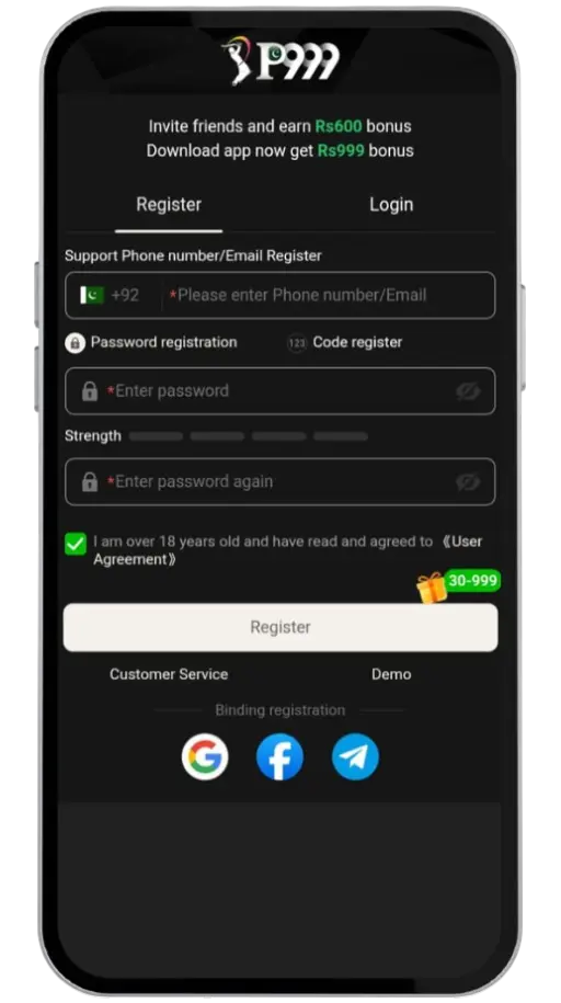 The image shows P999 account registration steps